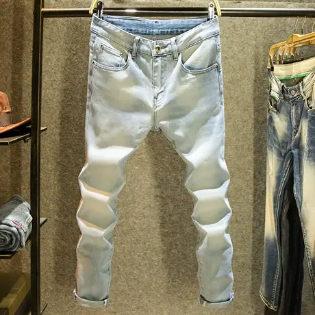 高端柔软舒适牛仔裤男修身小脚裤2024新款时尚轻奢浅蓝色百搭裤子商品大图