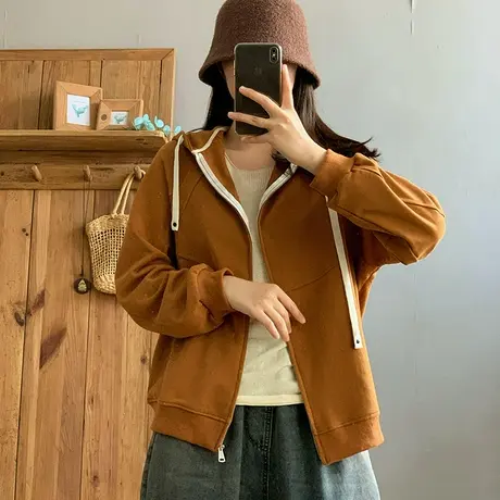 dza 复古纯棉连帽上衣女士短款休闲外套春季新款宽松运动拉链卫衣图片