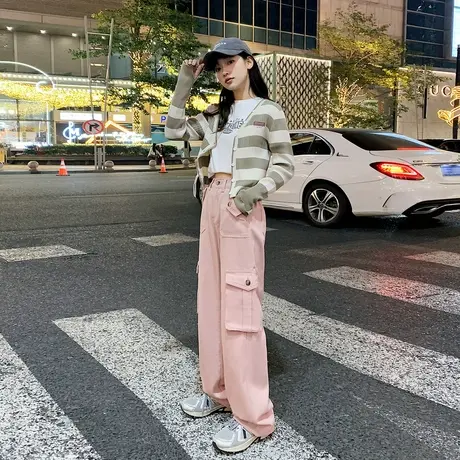 唐狮纯棉工装裤女春秋新款美式复古多袋高腰粉色裤子休闲长裤1.27图片