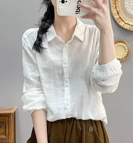 春秋季韩版复古文艺双层纱纯棉长袖白衬衫女宽松简约百搭叠穿上衣图片