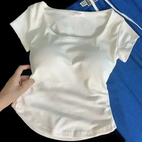 辣妹纯欲风方领正肩短袖T恤女早春夏季修身短款打底衫带胸垫上衣商品大图