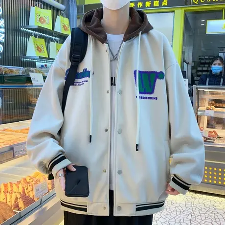 美式复古外套男秋冬款运动夹克男春秋潮牌宽松字母印花连帽棒球服商品大图