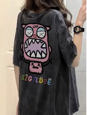 水洗做旧短袖t恤女春夏美式复古小众设计感宽松oversize半袖上衣商品大图