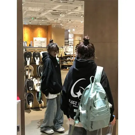 美式复古连帽卫衣女春秋薄款宽松慵懒风潮牌上衣加绒外套oversize图片