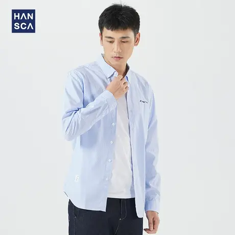 汉斯卡2021秋季新款条纹长袖衬衫男装薄款字母刺绣纯棉翻领衬衣男商品大图