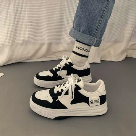 黑白熊猫板鞋女平底复古低帮小白鞋子女潮ins学生帆布拼色休闲鞋商品大图