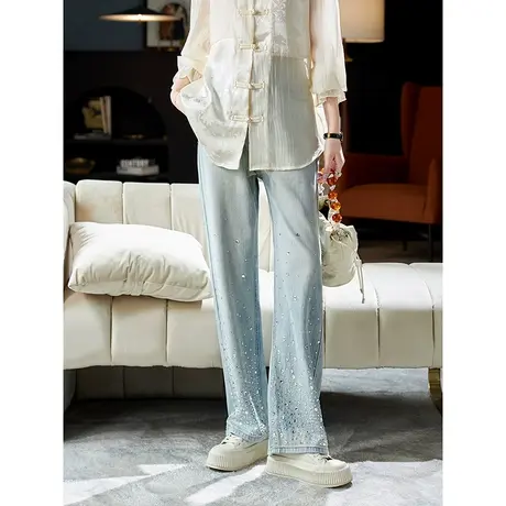 宝诗黎【新品价158元】高腰烫钻直筒牛仔裤ANI3001图片