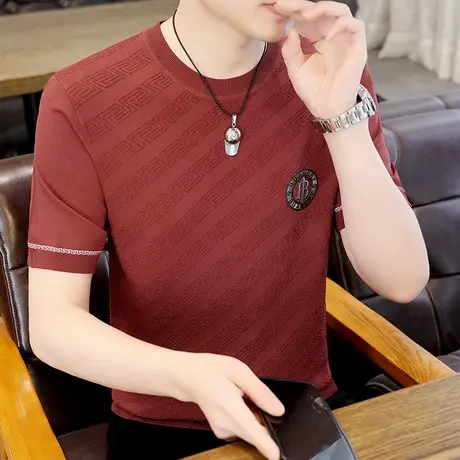 冰丝夏天薄款凉感短袖男式潮牌高端提花针织烫钻体恤半袖速干T恤t商品大图