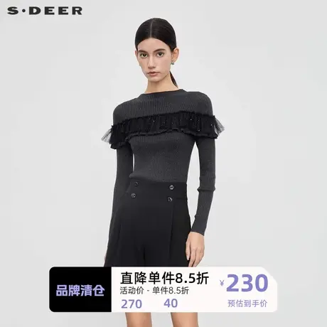 sdeer圣迪奥女装休闲圆领网纱碎褶修身针织衫S23463507商品大图