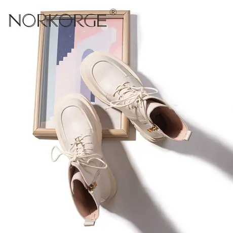 2023新款秋冬复古仙女风文艺米白色马丁靴女靴真皮方头粗跟短靴女图片