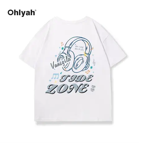 Ohlyah纯棉短袖t恤女夏宽松慵懒风卡通耳机底字母涂鸦印花上衣潮商品大图