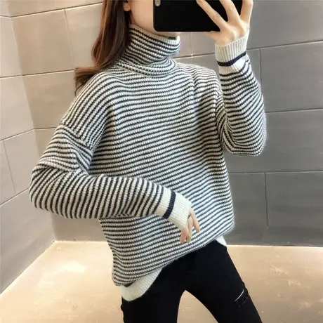2023冬季新款韩版加厚高领条纹毛衣女宽松外穿慵懒上衣百搭针织衫商品大图