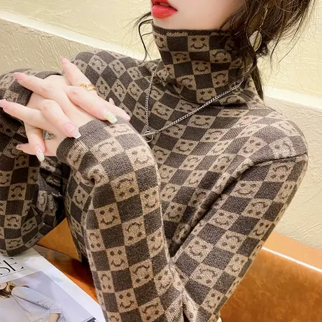 高领毛衣女棋盘格打底衫2023秋冬新款宽松堆堆领针织衫内搭上衣潮图片