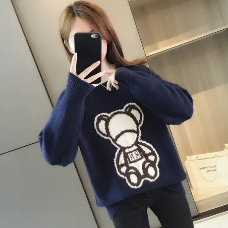 秋冬季新款潮宽松慵懒外穿上衣洋气打底针织衫卡通圆领套头毛衣商品大图