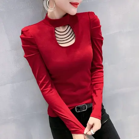 半高领加绒打底衫女春秋时尚泡泡袖T恤长袖性感镂空上衣洋气小衫商品大图