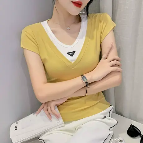 个性假两件拼色t恤女2023年新款修身百搭V领小衫网红洋气上衣夏装商品大图