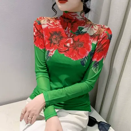 气质加绒网纱打底衫女春秋2023新款半高领T恤长袖修身显瘦上衣ins商品大图