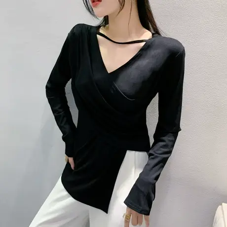 2023秋装新款不规则开叉长袖T恤女性感V领打底衫洋气修身网红上衣商品大图
