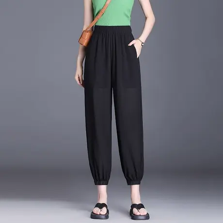 黑色九分束脚灯笼裤女夏薄款2023新款松紧腰小个子休闲雪纺哈伦裤商品大图