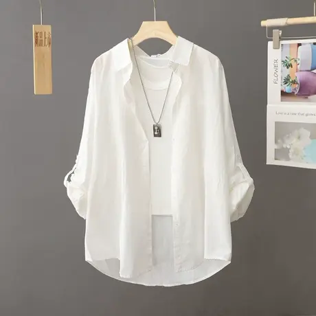 白色透气防晒衬衫外套女纯棉中长款薄款2023新款夏装防晒衣开衫潮商品大图