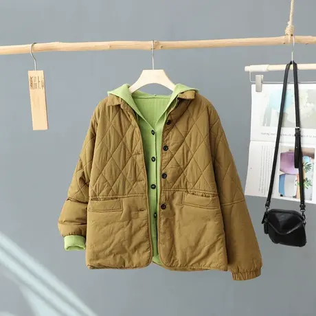 韩版纯色菱格薄款棉衣女短款翻领时尚小棉袄夹棉外套上衣宽松棉服商品大图