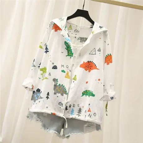 学生夏季防晒衣纯棉卡通印花连帽衬衫宽松休闲少女薄防晒衣短外套图片