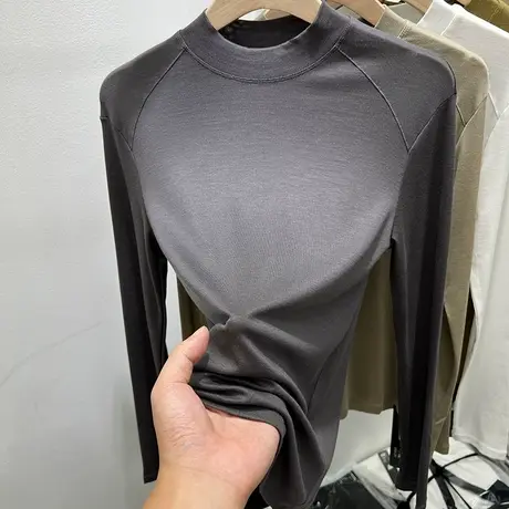 轻薄款亲肤柔软圆领长袖T恤女2023早秋新款修身洋气打底衫上衣潮商品大图