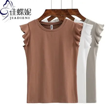 夏新款韩版圆领荷叶袖修身短袖体恤打底衫纯棉纯色休闲女上衣T恤商品大图