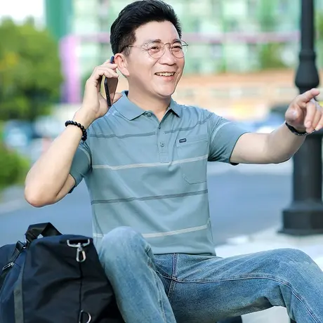 中年男短袖t恤夏季爸爸装冰丝棉翻领半袖中老年人新款条纹polo衫商品大图