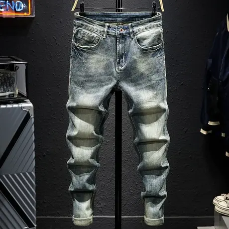 春秋款复古做旧水洗牛仔裤男修身小直筒百搭男士高档大牛韩版潮流商品大图