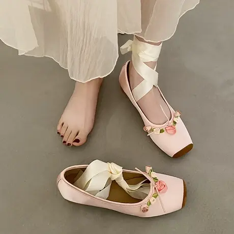 仙女风平底配裙子女鞋2023春夏款粉色蝴蝶结方头韩版浅口温柔单鞋商品大图