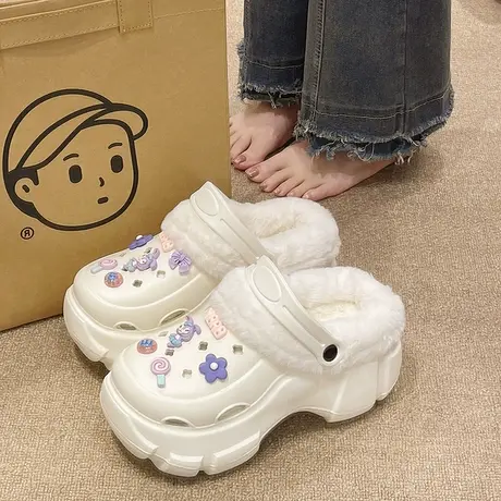 洞洞鞋女冬季外穿卡通可爱加绒保暖松糕厚底增高跟两穿包头棉拖鞋图片
