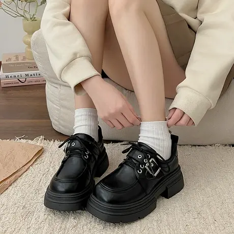复古系带乐福鞋女2024年春秋季新款英伦风百搭单鞋厚底粗跟小皮鞋商品大图