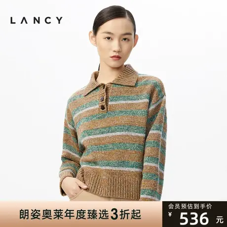 朗姿[海洋碧玉]针织衫冬季新款设计感polo领条纹加厚毛衣女商品大图