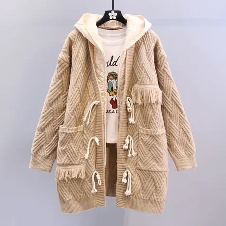 拼接假两件连帽毛衣外套女秋冬2023年新款宽松慵懒风加厚针织开衫图片