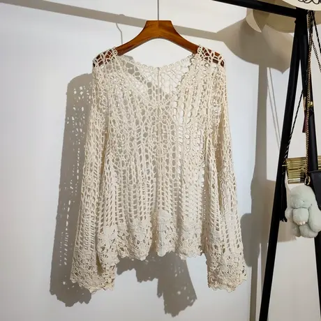 勾花镂空长袖针织衫女夏季新款韩版吊带裙子外搭防晒上衣空调罩衫图片