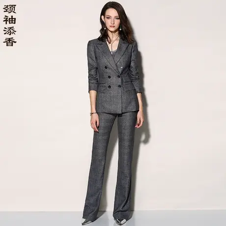 颈袖添香2023商务正装女职业OL修身英伦气质春秋格纹装时尚图片