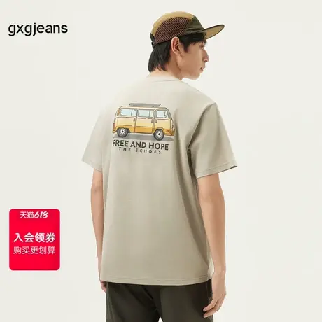 gxg.jeans男装 浅卡其休闲后背趣味印花潮流宽松短袖T恤 25夏新款商品大图