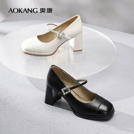 [门店发货]奥康女鞋 秋季新品真皮舒适粗跟厚底JK玛丽珍单鞋图片