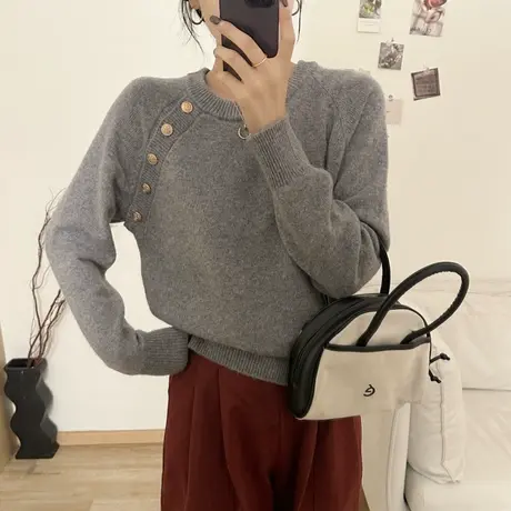 25269新款斜扣长袖针织套头内搭厚款宽松百搭女纯色简约图片