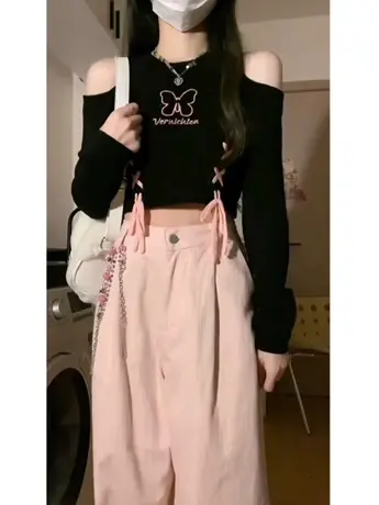 露肩长袖t恤女秋季内搭甜辣妹修身显瘦小众设计感独特短款上衣ins图片