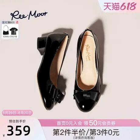 REEMOOR睿慕2025春季新款圆头蝴蝶结浅口坡跟瓢鞋女士中跟单鞋女商品大图