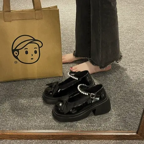 玛丽珍鞋女2023年春新款时尚高跟蝴蝶结厚底粗跟珍珠配裙子小皮鞋商品大图