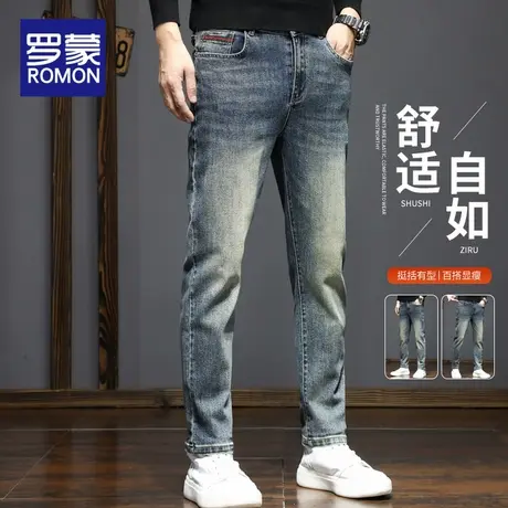 罗蒙牛仔裤男士秋季2025新款休闲弹力美式复古修身小脚长裤子男款商品大图