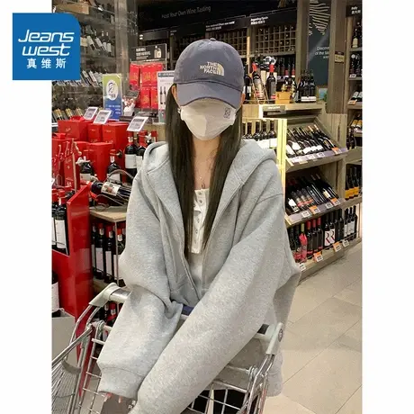 KMV真维斯灰色卫衣女2025新款春秋爆款冷淡系高级感薄款开衫外套商品大图