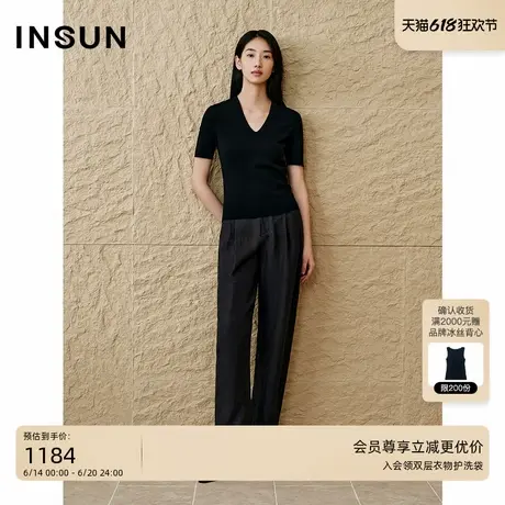 INSUN恩裳2025夏季时髦V领桑蚕丝修身针织衫商品大图