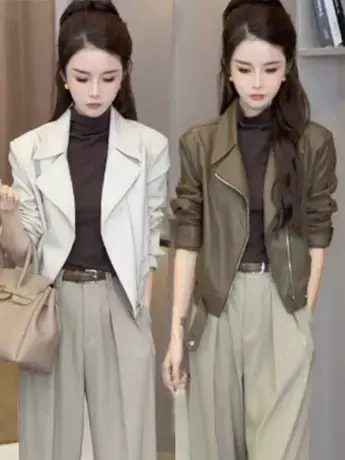 2023年秋新款欧货西装领短款皮衣短外套女韩版显瘦街头机车夹克商品大图