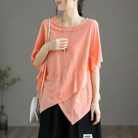 dza文艺复古不规则短袖t恤女士白色宽松上衣百搭新款夏季短款体恤商品大图