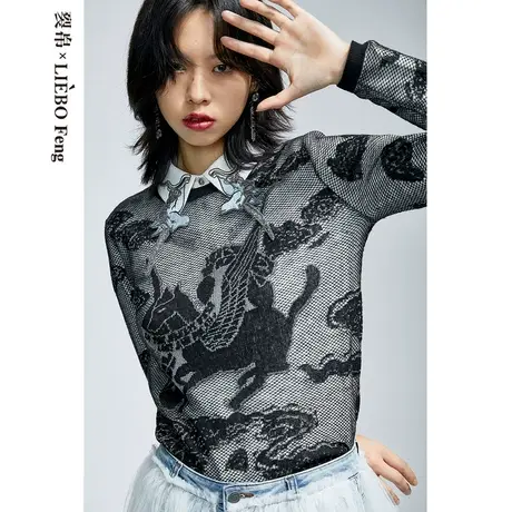 裂帛LIEBOFeng商场同款2023年春新款蕾丝圆领套头长袖针织衫女图片