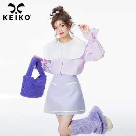 花形紫色喇叭袖衬衫女2023秋季新款韩系甜美娃娃领打底上衣小衫图片